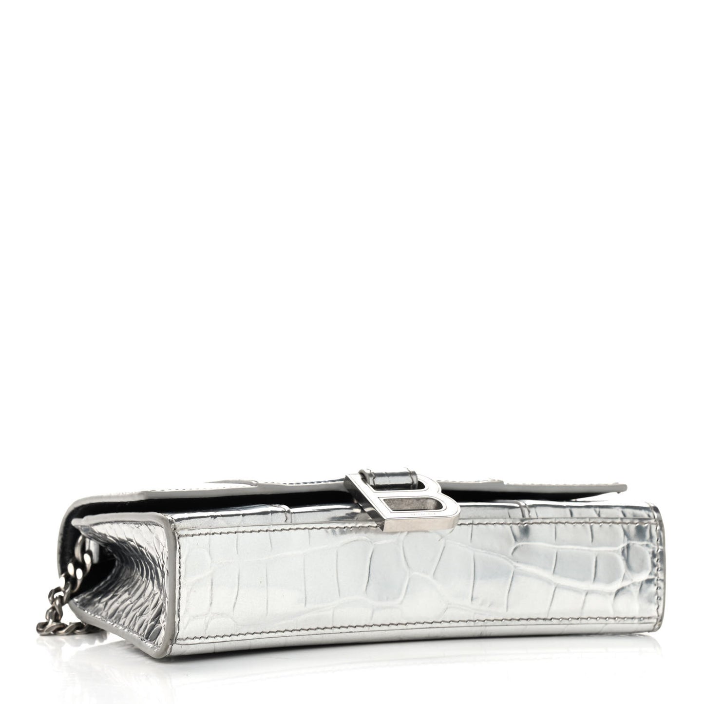 Metallic Calfskin Crocodile Embossed Hourglass Chain Bag Silver
