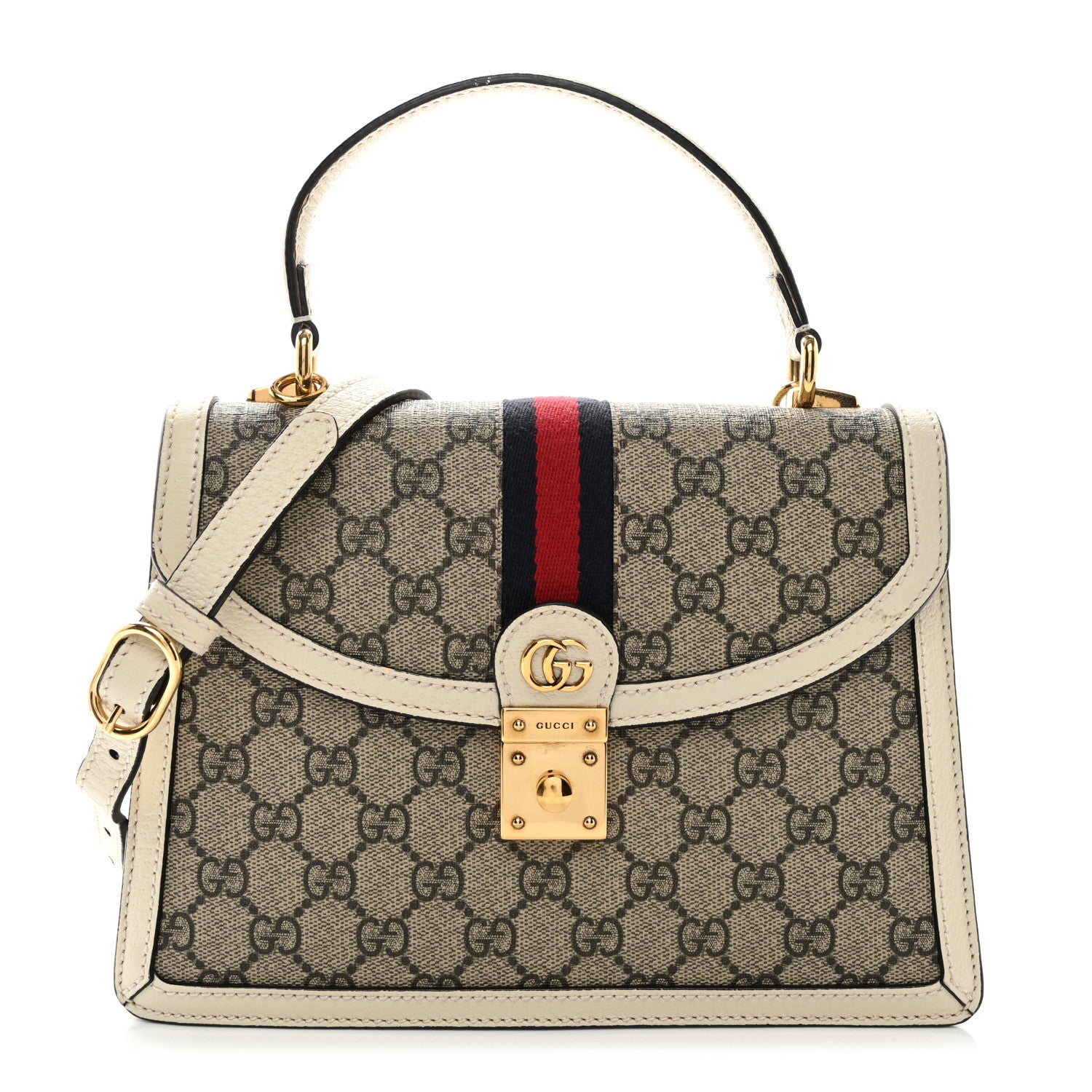 Gucci GG Supreme Monogram Textured Dollar Calfskin Web Small Ophidia Padlock Top Handle Bag Beige Ebony Mystic White 1 of 12