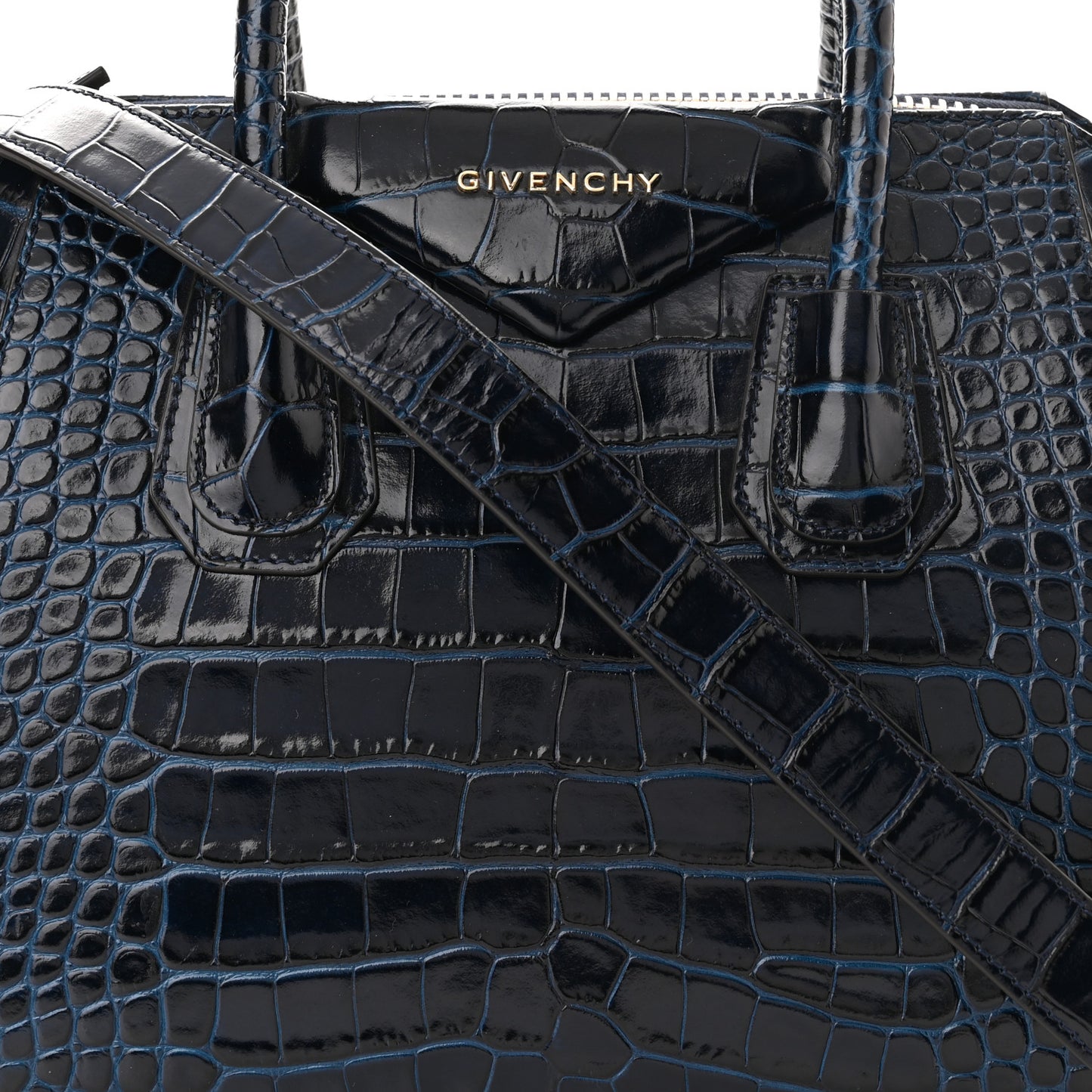 Calfskin Crocodile Embossed Small Antigona Deep Blue