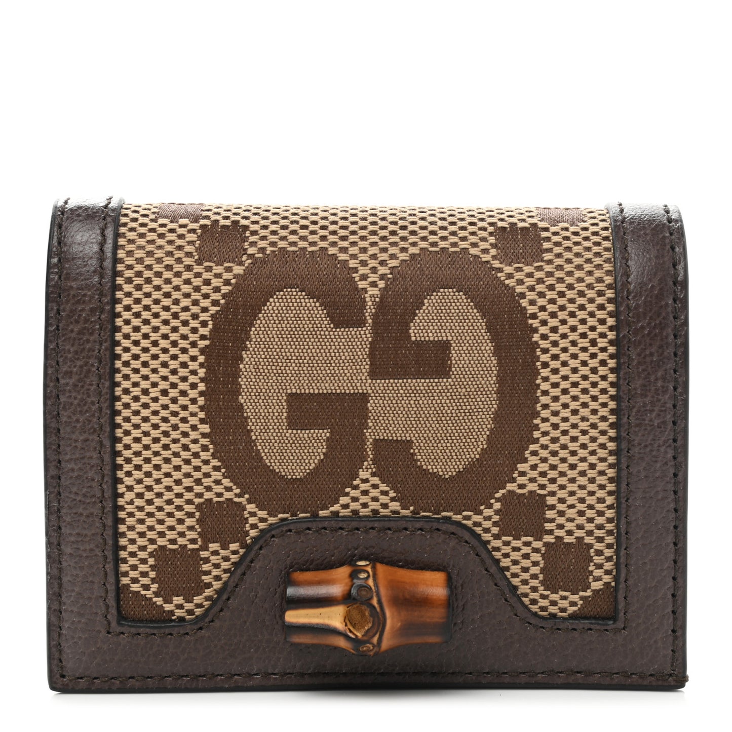 Monogram Jumbo GG Textured Dollar Calfskin Diana Card Case Wallet Camel Ebony New Acero