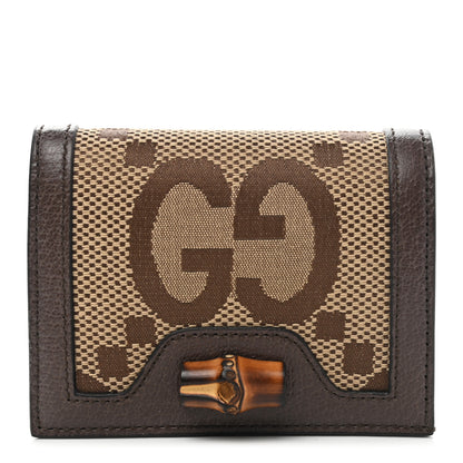 Gucci Monogram Jumbo GG Textured Dollar Calfskin Diana Card Case Wallet Camel Ebony New Acero 1 of 8