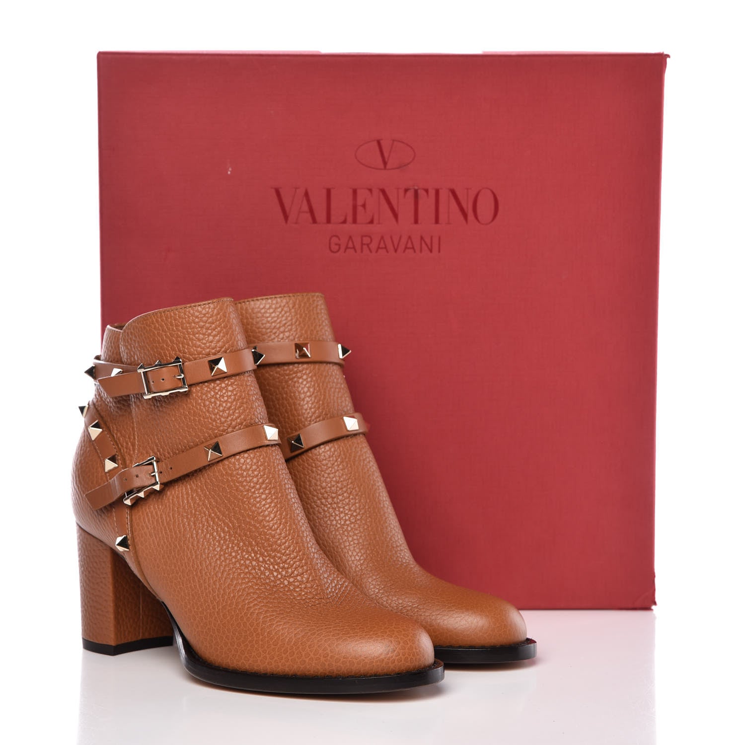 Valentino Garavani Pebbled Calfskin Rockstud Double Buckle 70mm Block Heel Ankle Boots 36.5 Light Cuir 10 of 10