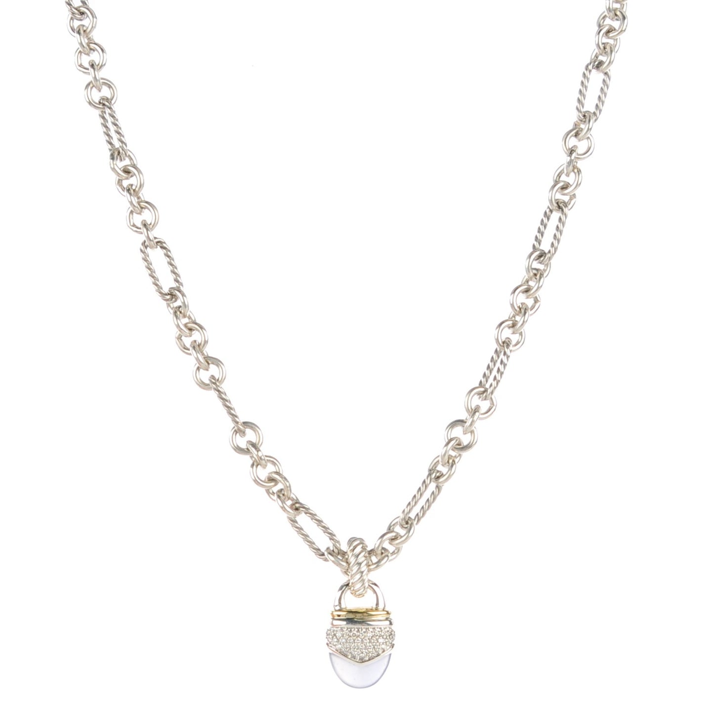 Sterling Silver 18K yellow Gold Pave Diamond Chalcedony 25mm Acorn Figaro Necklace