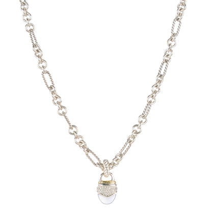 David Yurman Sterling Silver 18K yellow Gold Pave Diamond Chalcedony 25mm Acorn Figaro Necklace 1 of 8
