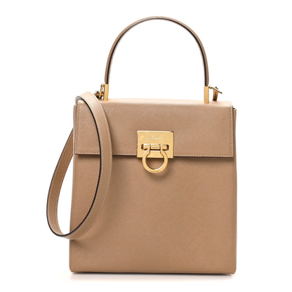 Salvatore Ferragamo Hammered Calfskin Small Iconic Top Handle Bag Camel 1 of 9