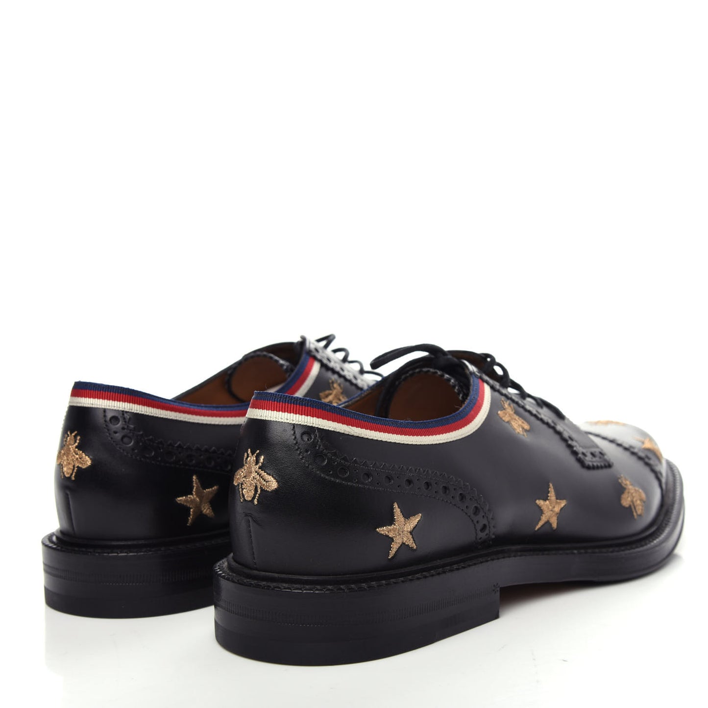 Calfskin Sylvie Web Bee Star Embroidered Mens Captoe Derby Loafers 9 Black