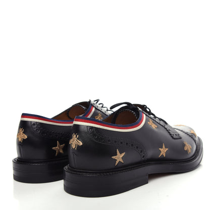 Gucci Calfskin Sylvie Web Bee Star Embroidered Mens Captoe Derby Loafers 9 Black 4 of 11