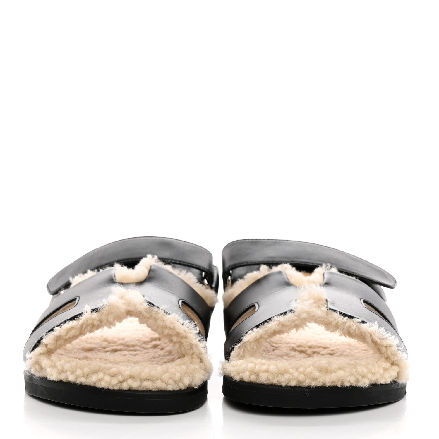 Hermes Calfskin Woolskin Womens Chypre Sandals 39 Black Ecru 2 of 10