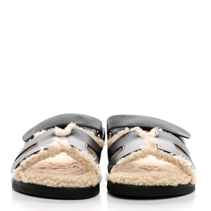 Hermes Calfskin Woolskin Womens Chypre Sandals 39 Black Ecru 2 of 10