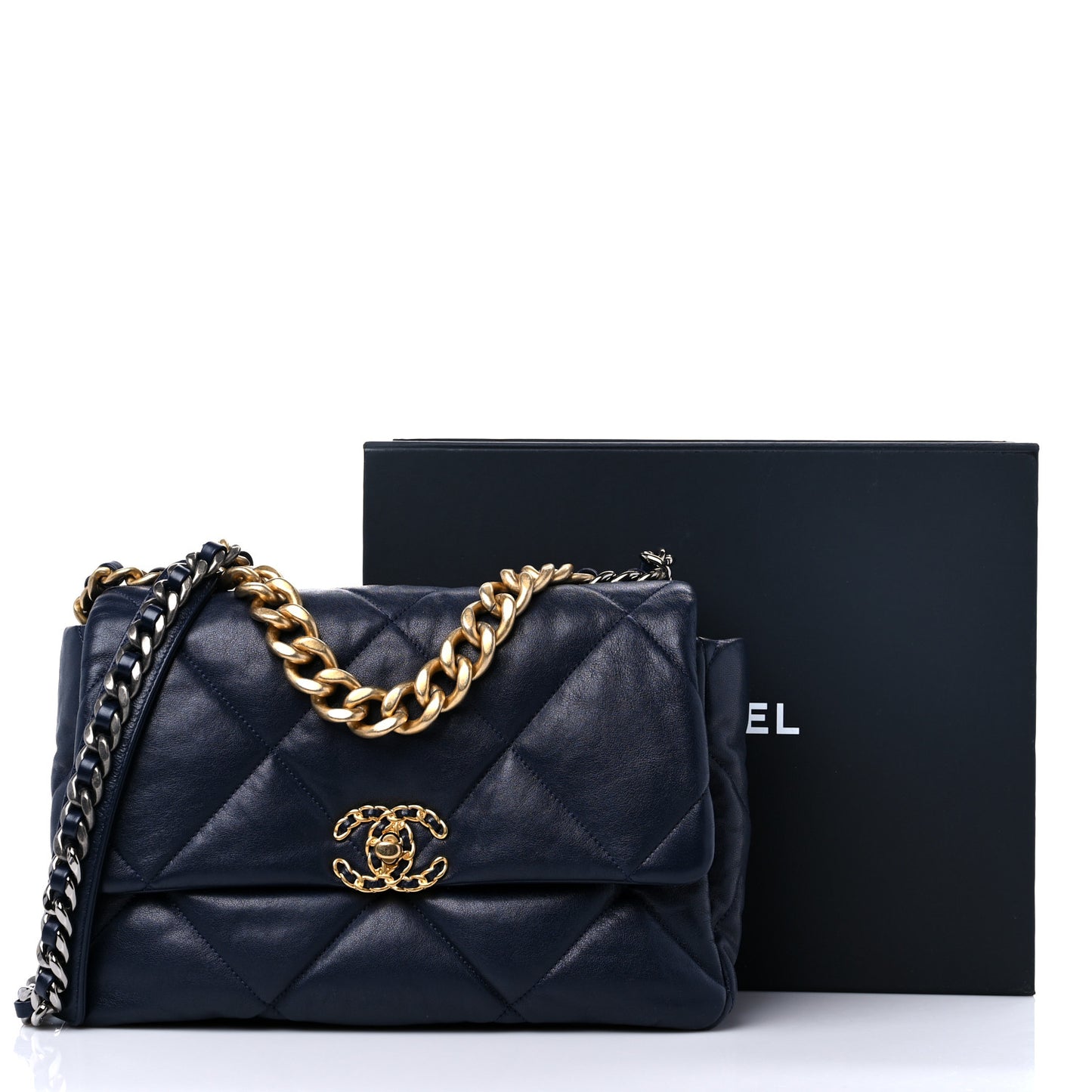 Lambskin Quilted Large Chanel 19 Flap Navy Blue