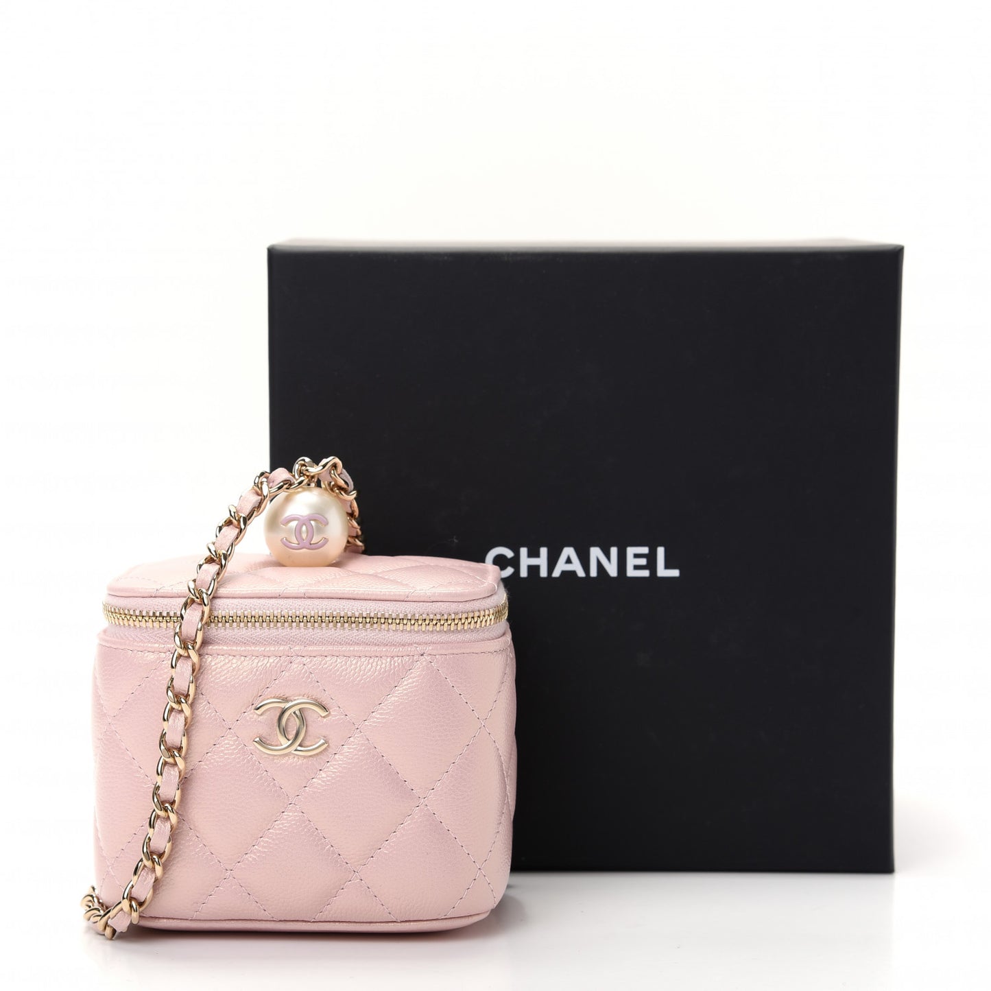 Iridescent Caviar Quilted Mini Pearl On Top Vanity Case With Chain Light Pink