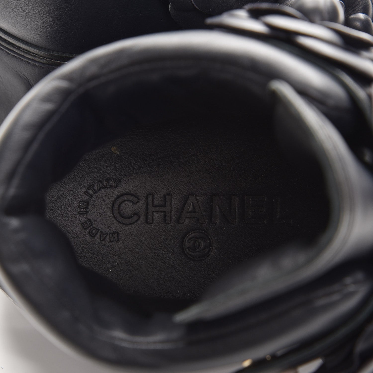 Chanel Calfskin Camellia High Top Sneakers 37.5 Navy 6 of 7