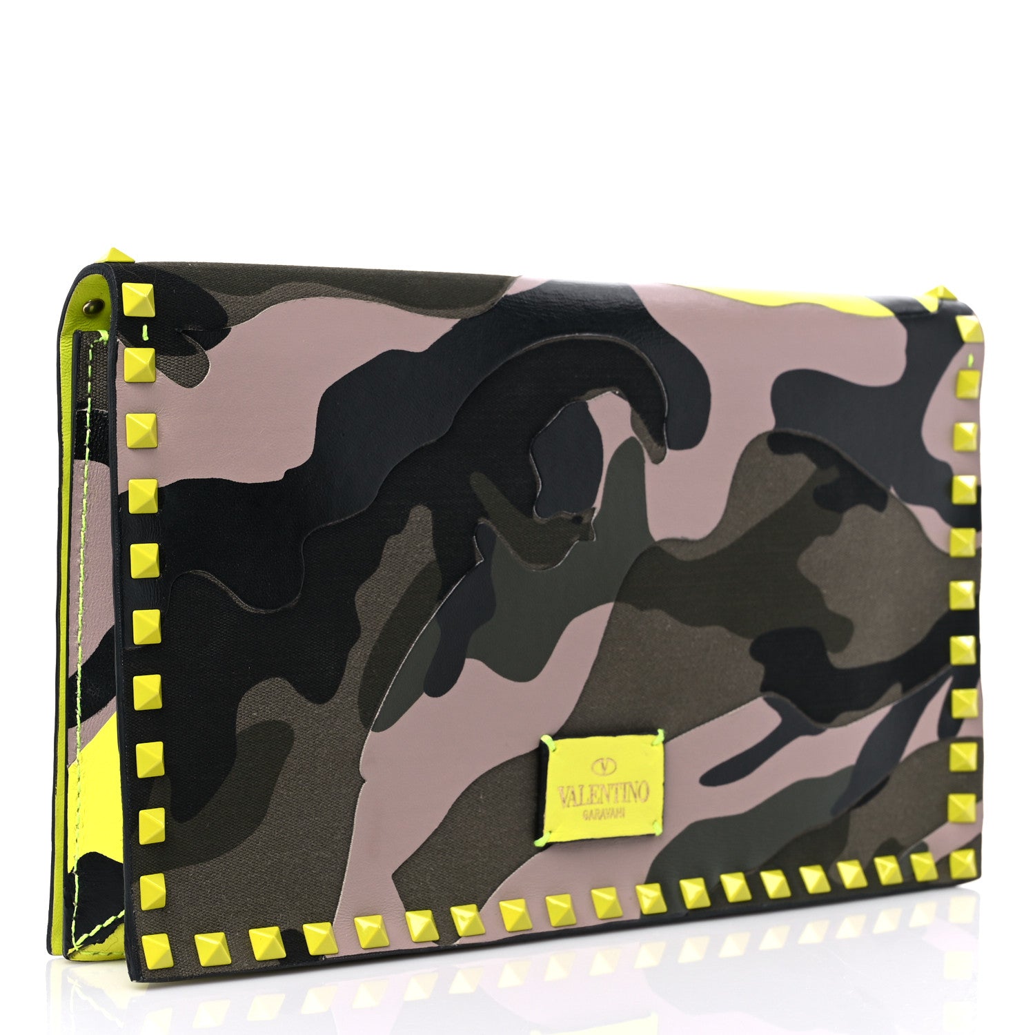 Valentino Garavani Nappa Canvas Camouflage Rockstud Wristlet Clutch Yellow Fluo Green 3 of 15