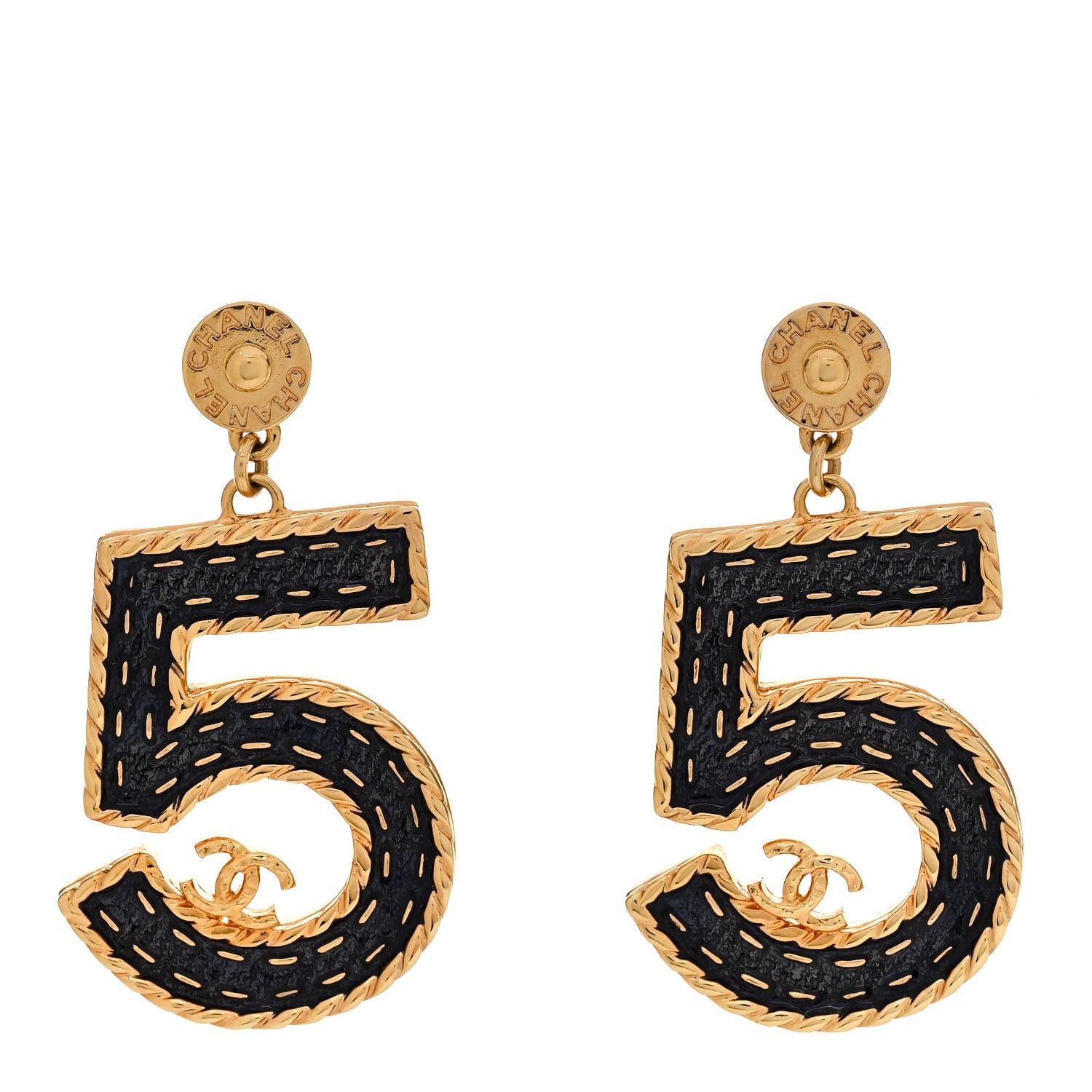 Chanel Metal Enamel CC No 5 Rope Drop Earrings Gold Denim Blue 1 of 5