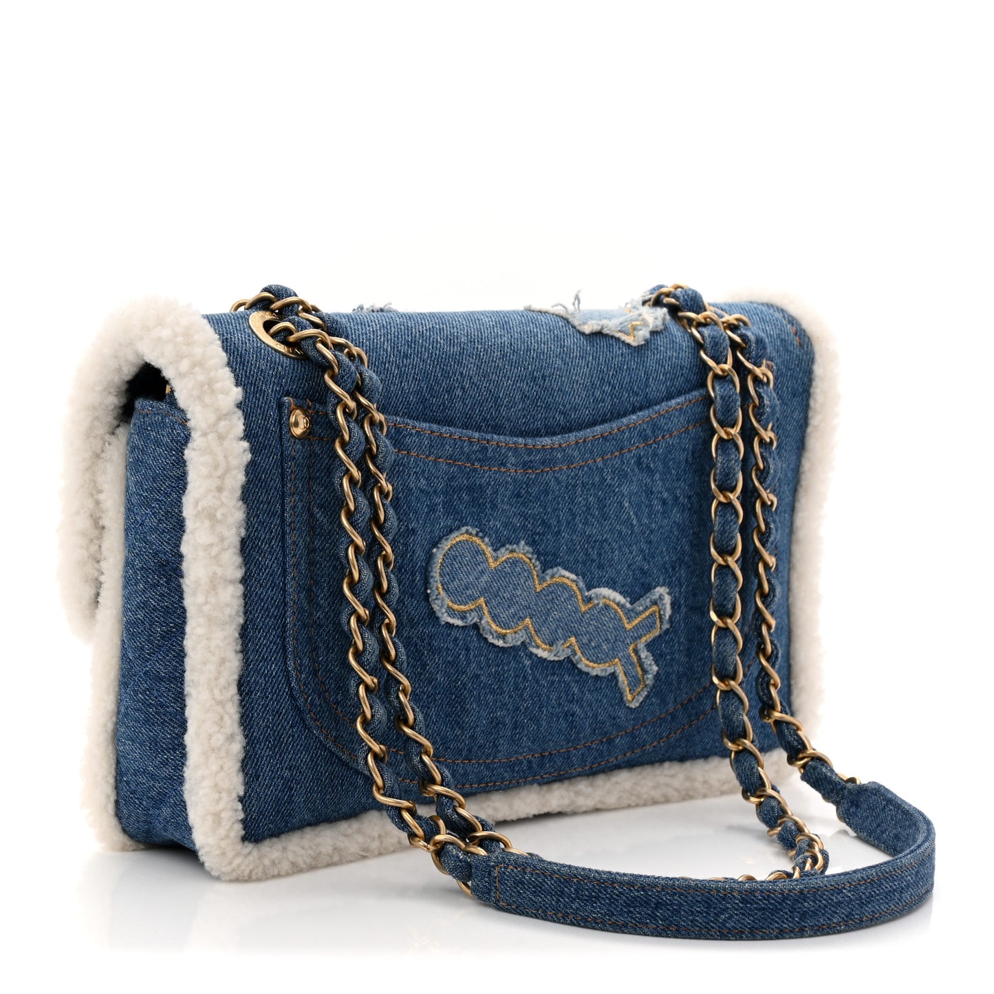 Denim Shearling Hieroglyph Flap Blue