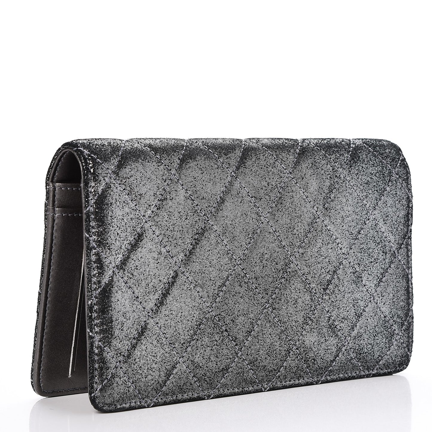 Iridescent Calfskin Quilted Tartan Button Yen Wallet Grey