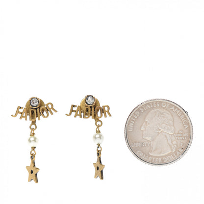 Christian Dior Pearl Crystal Star J'adior Drop Earrings Antique Gold 2 of 3