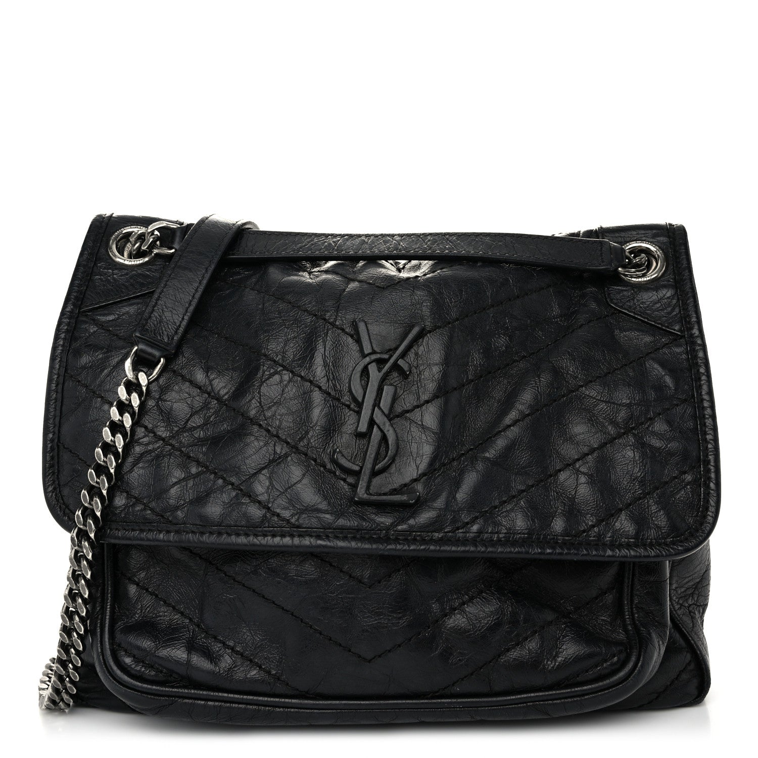 Saint Laurent Crinkled Calfskin Matelasse Monogram Medium Niki Chain Satchel Black 1 of 10