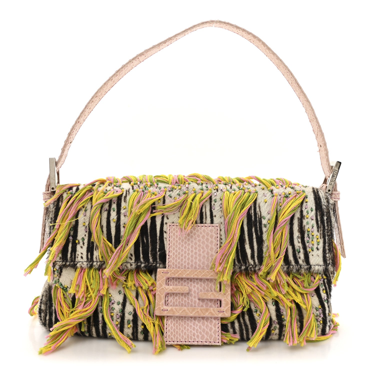 Fendi Calf Hair Snakeskin Zebra Print Beaded Fringe Baguette Multicolor 1 of 9