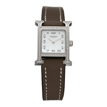 Hermes Stainless Steel Swift Diamond Bezel Mother of Pearl 17.2mm Heure H Hour Quartz Watch Etoupe 1 of 5