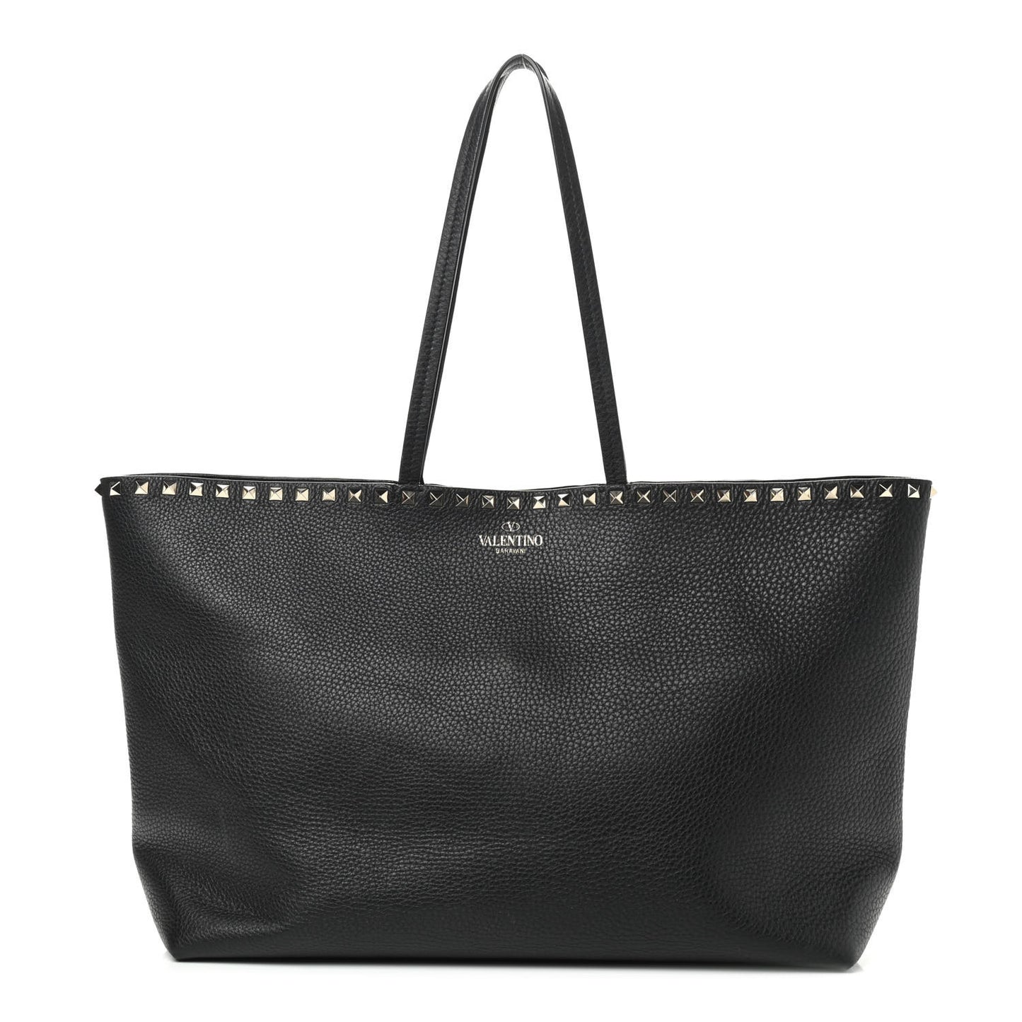 Grained Calfskin Rockstud Shoulder Tote Black