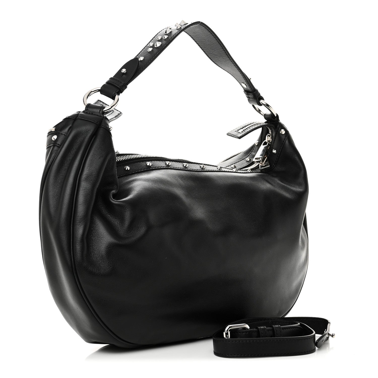 Versace Calfskin Studded Medium Repeat Zip Hobo Black 3 of 9