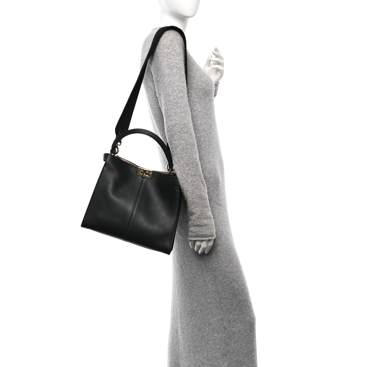 Fendi Vitello Seta Glazed Fabric FF 1974 Medium Peekaboo X-Lite Black Mogano Panna 2 of 12