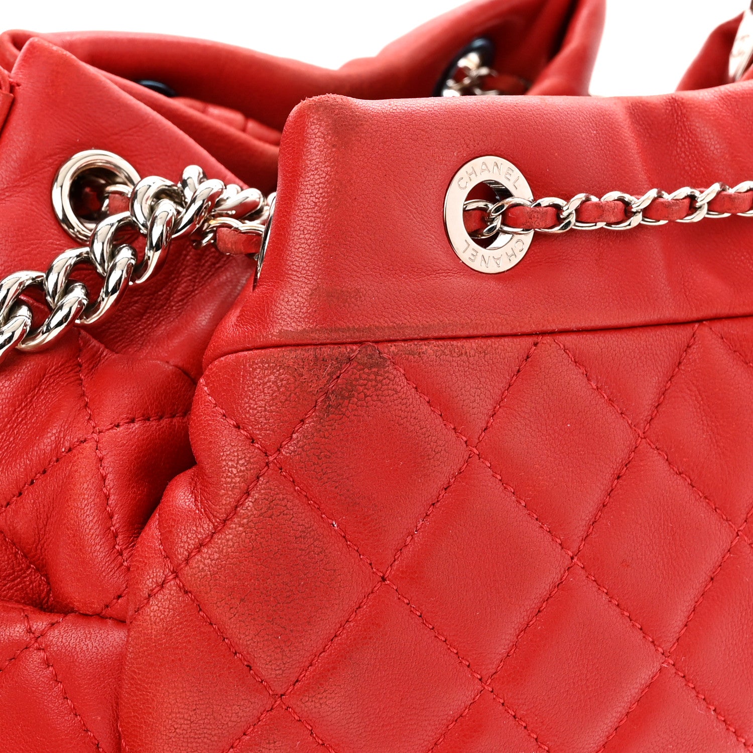 Chanel Lambskin Quilted Small CC Chain Drawstring Bucket Bag Red 10 of 10