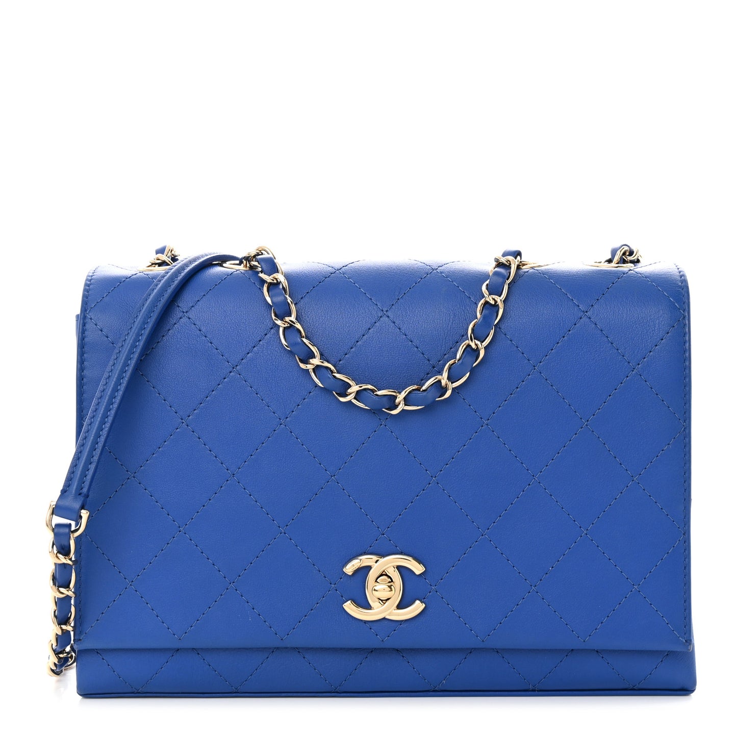 Calfskin Stitched Large Single Flap Royal Blue