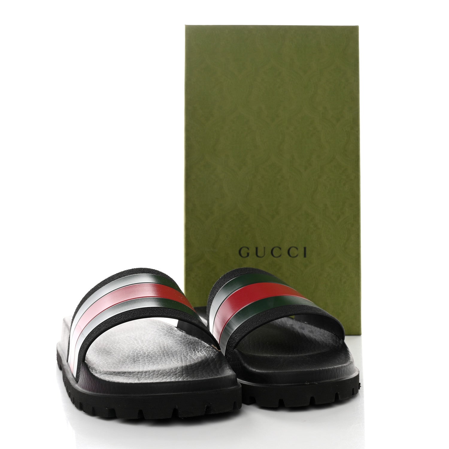 Gucci Rubber Web Mens Lug Sole Slide Sandals 10 Black Green Red 11 of 11