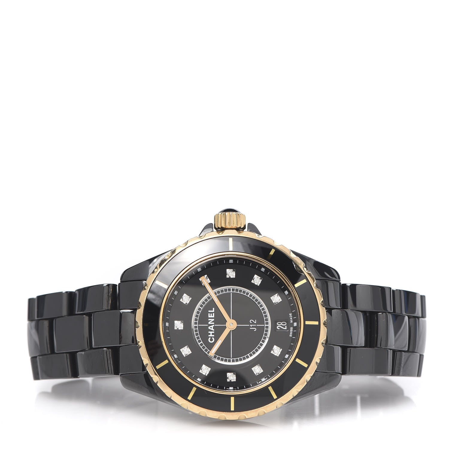 Chanel Stainless Steel 18K Yellow Gold Ceramic Diamond 38mm J12 Quartz Watch Black 3 of 6