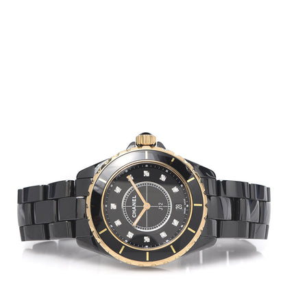 Chanel Stainless Steel 18K Yellow Gold Ceramic Diamond 38mm J12 Quartz Watch Black 3 of 6