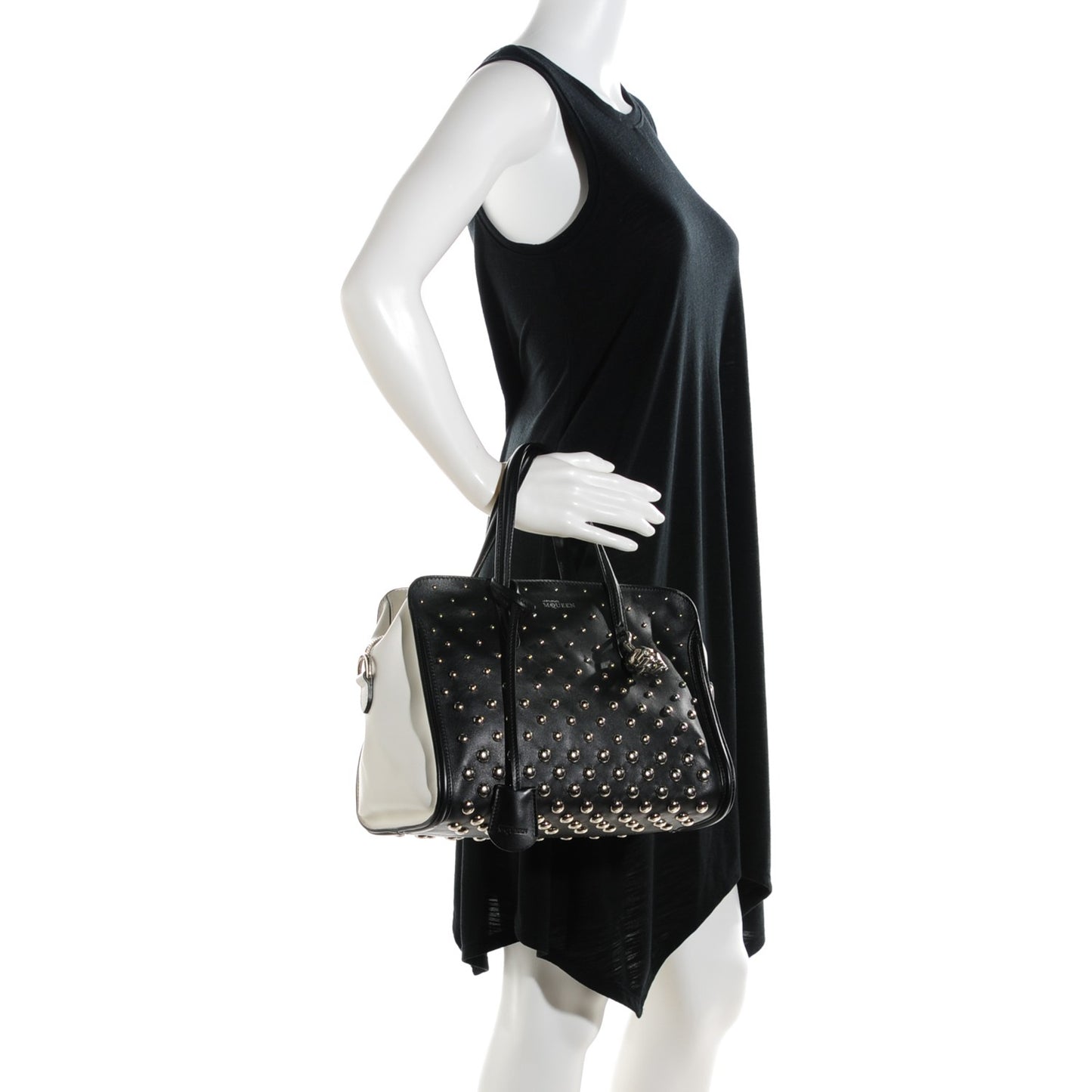 Calfskin Studded Small Padlock Tote Black White