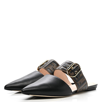 Fendi Vitello FF Embossed Buckle Flat Mules 37 Maya Black 3 of 9