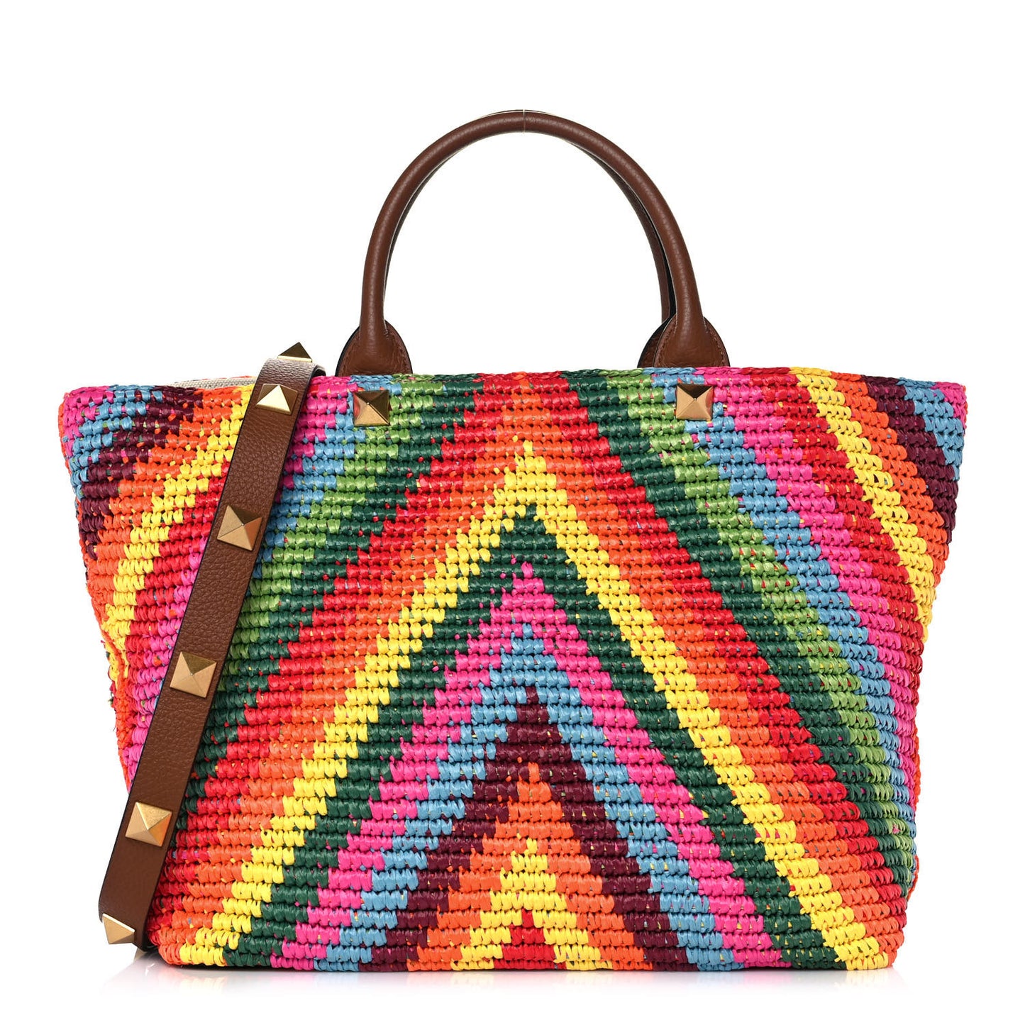 Raffia Calfskin Rockstud Summer Tote Multicolor