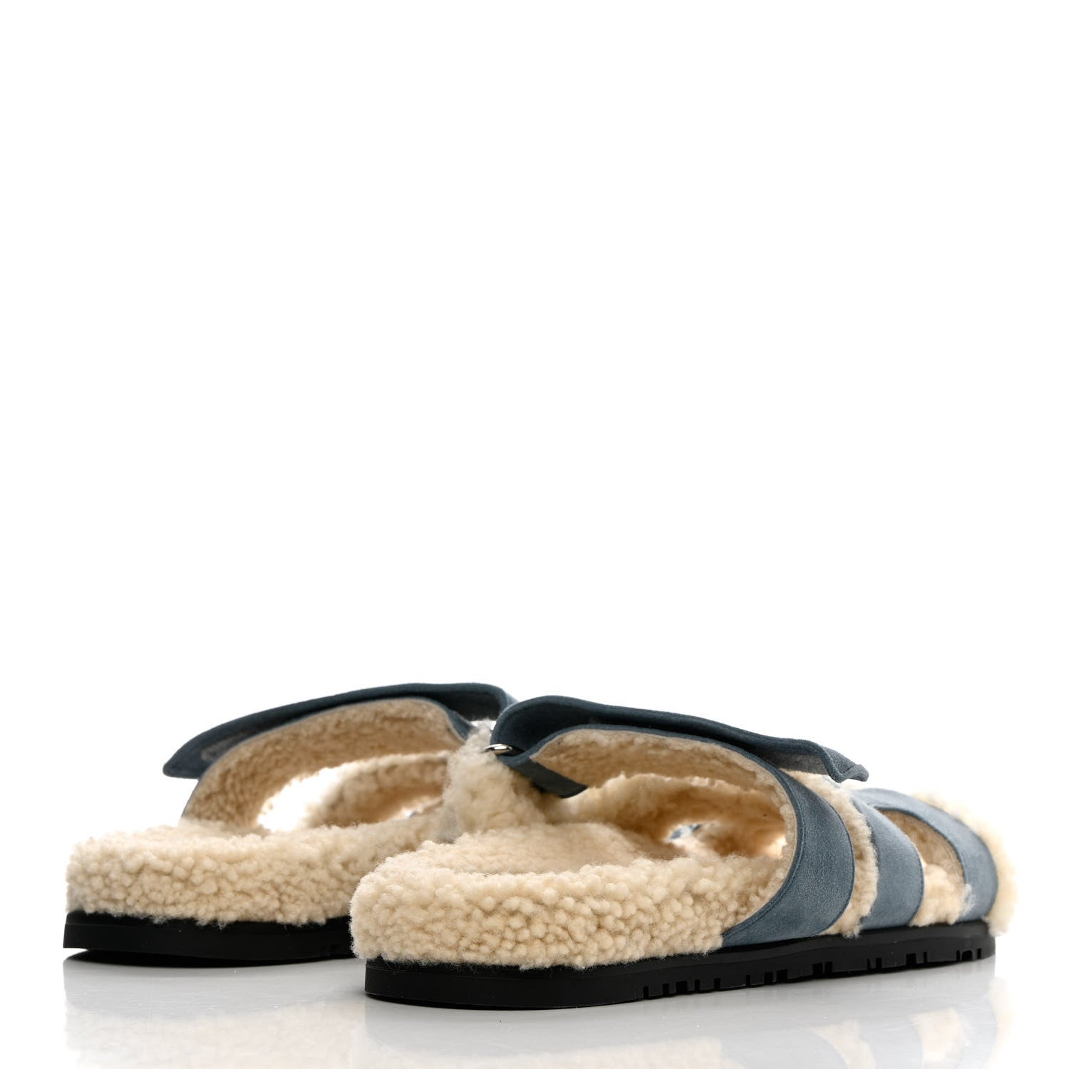 Hermes Suede Goatskin Woolskin Womens Chypre Sandals 37 Bleu Pinede Ecru 4 of 8