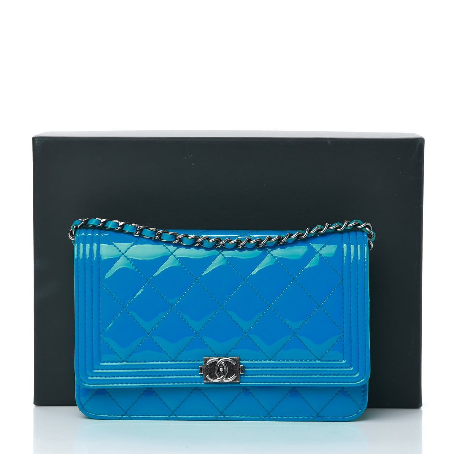 Patent Calfskin Quilted Boy Wallet On Chain WOC Blue
