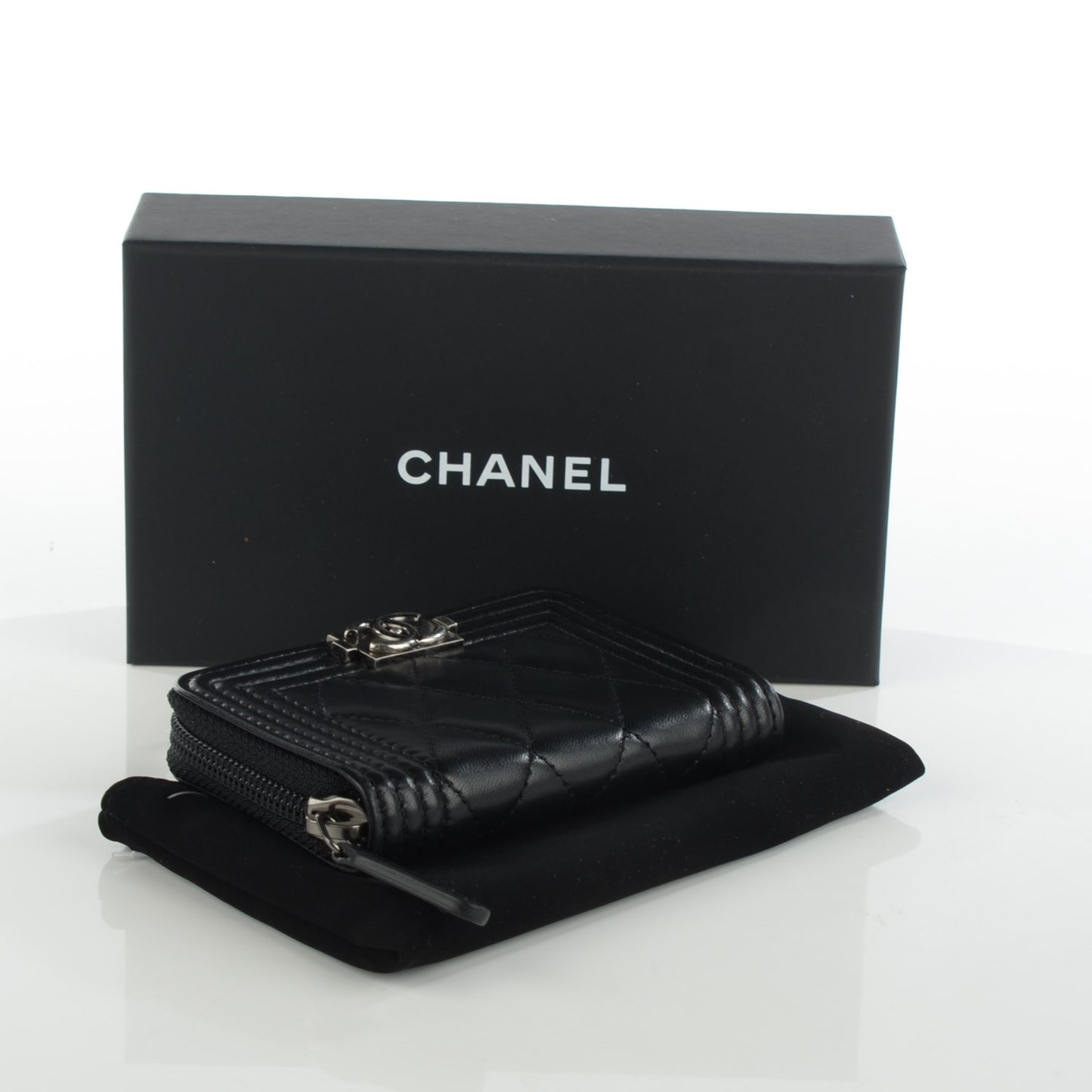 Lambskin Quilted Zip Around Boy Coin Purse Wallet Black