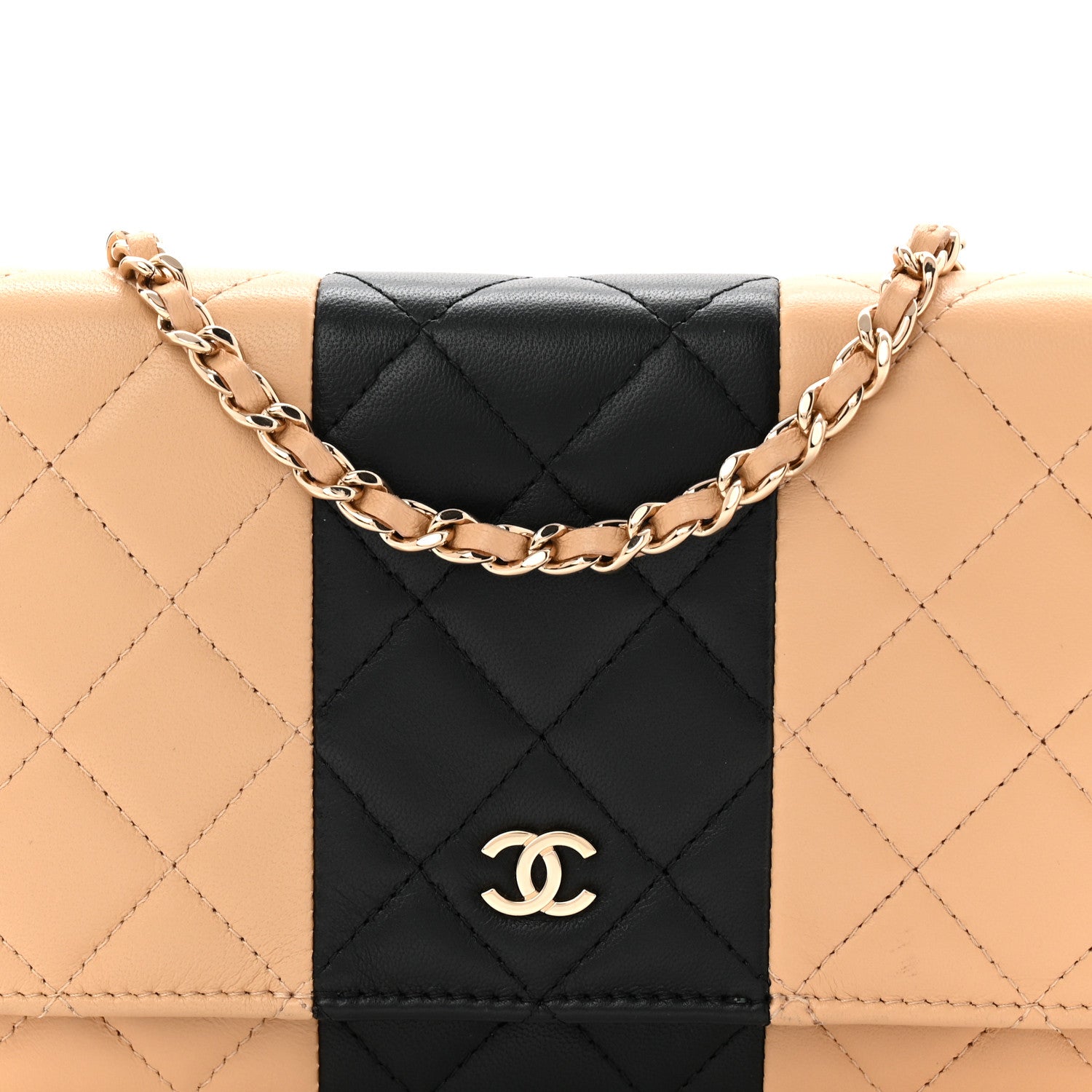 Chanel Lambskin Quilted Wallet On Chain WOC Beige Black 16 of 23