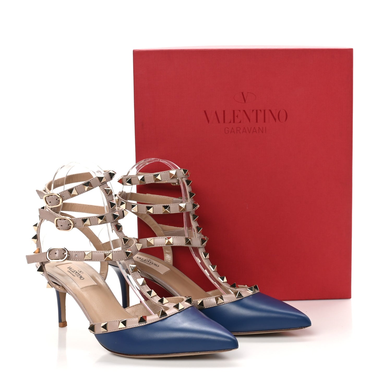Calfskin Nappa Rockstud Ankle Strap 65mm Pumps 39 Indaco Poudre
