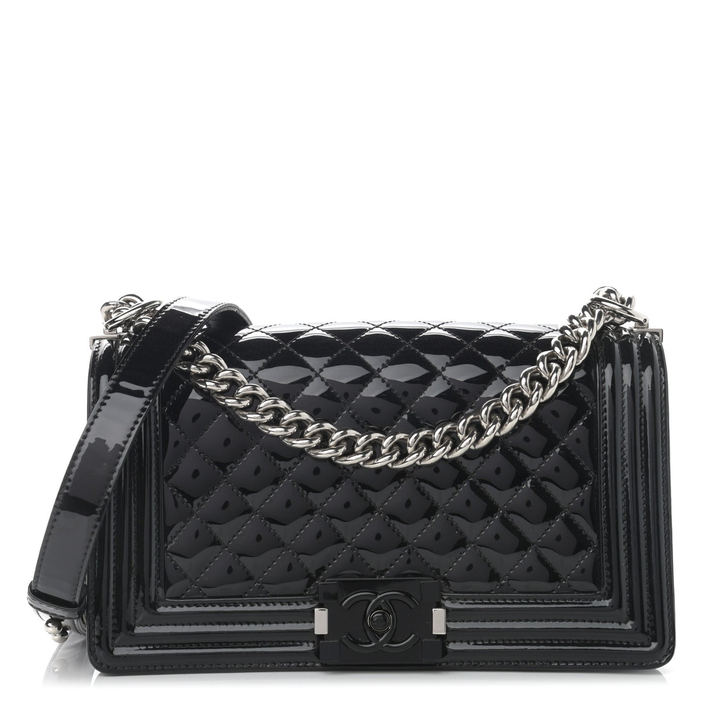 Patent Calfskin Quilted Medium Plexiglass Boy Flap Black
