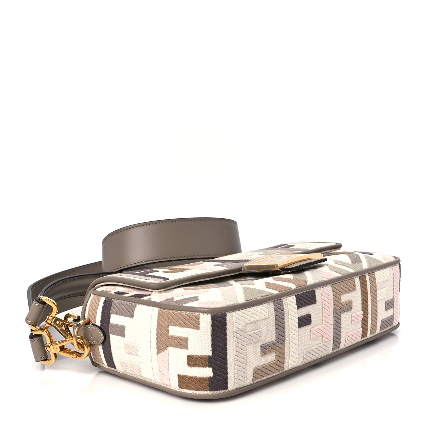 Fendi Canvas Vitello Seta FF Multicolor Embroidered Baguette Grezzo Multicolor Tortora 4 of 12