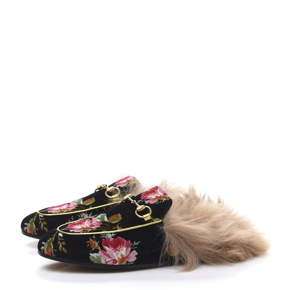 Gucci Velvet Fur Floral Womens Princetown Slippers 37 Black 3 of 8