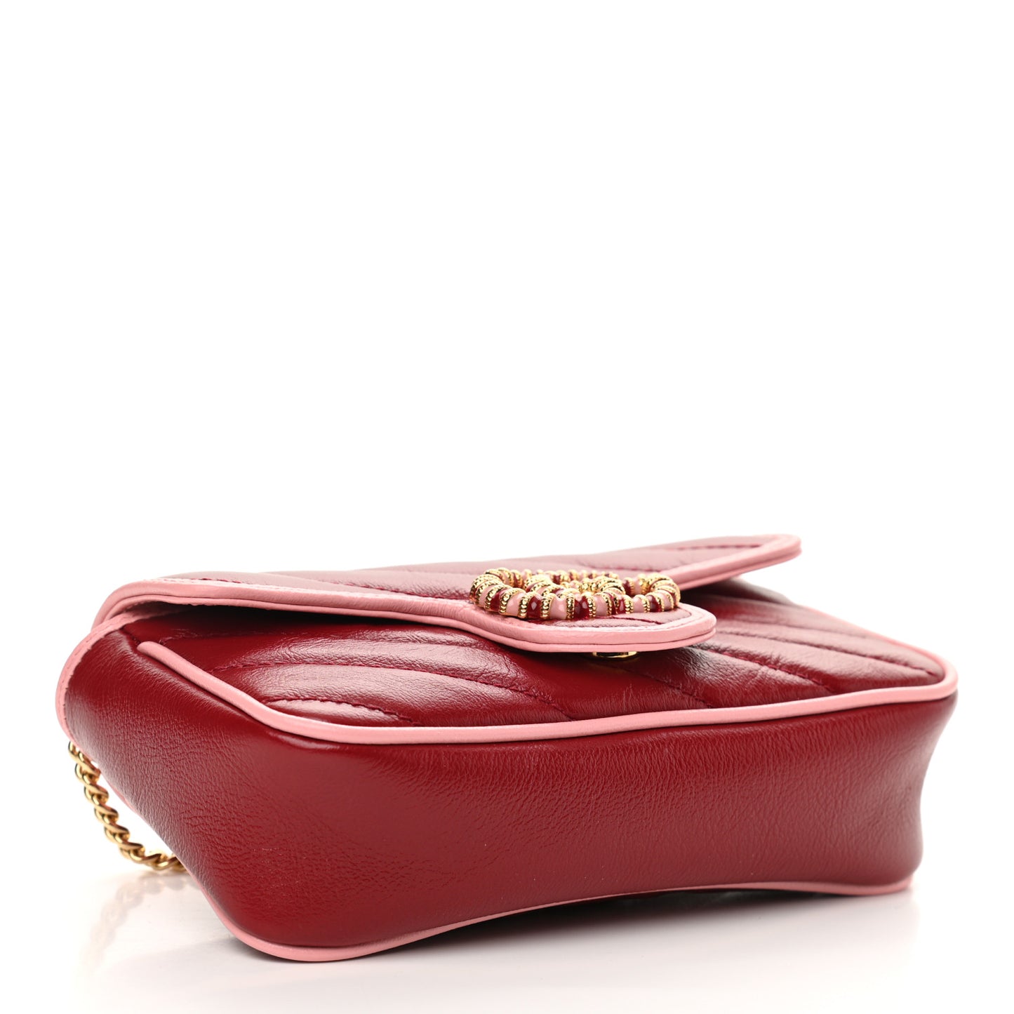 Azalea Calfskin Enamel Matelasse Diagonal Super Mini Torchon GG Marmont Shoulder Bag New Cherry Red Wild Rose