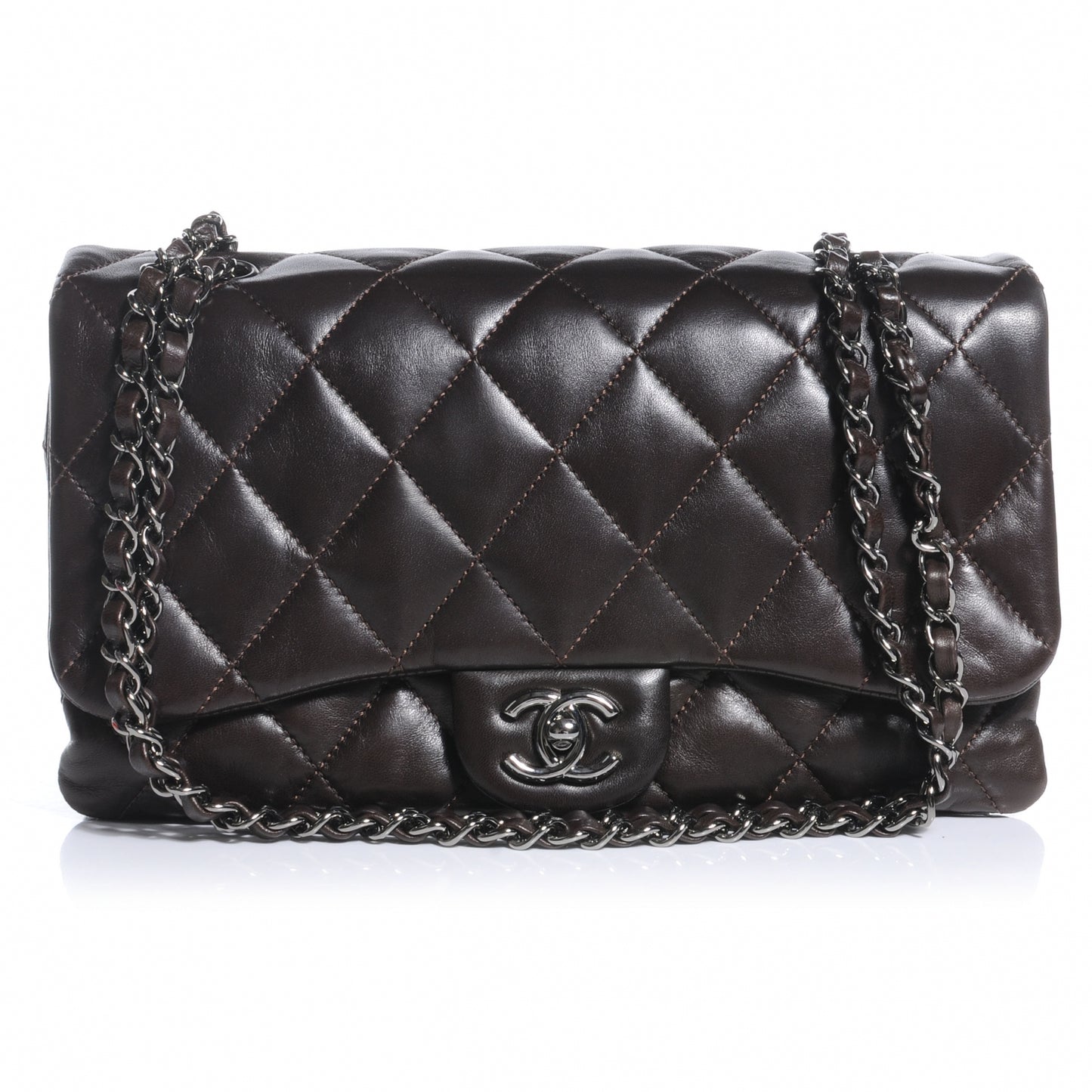 Lambskin Quilted 3 Large Flap Dark Brown