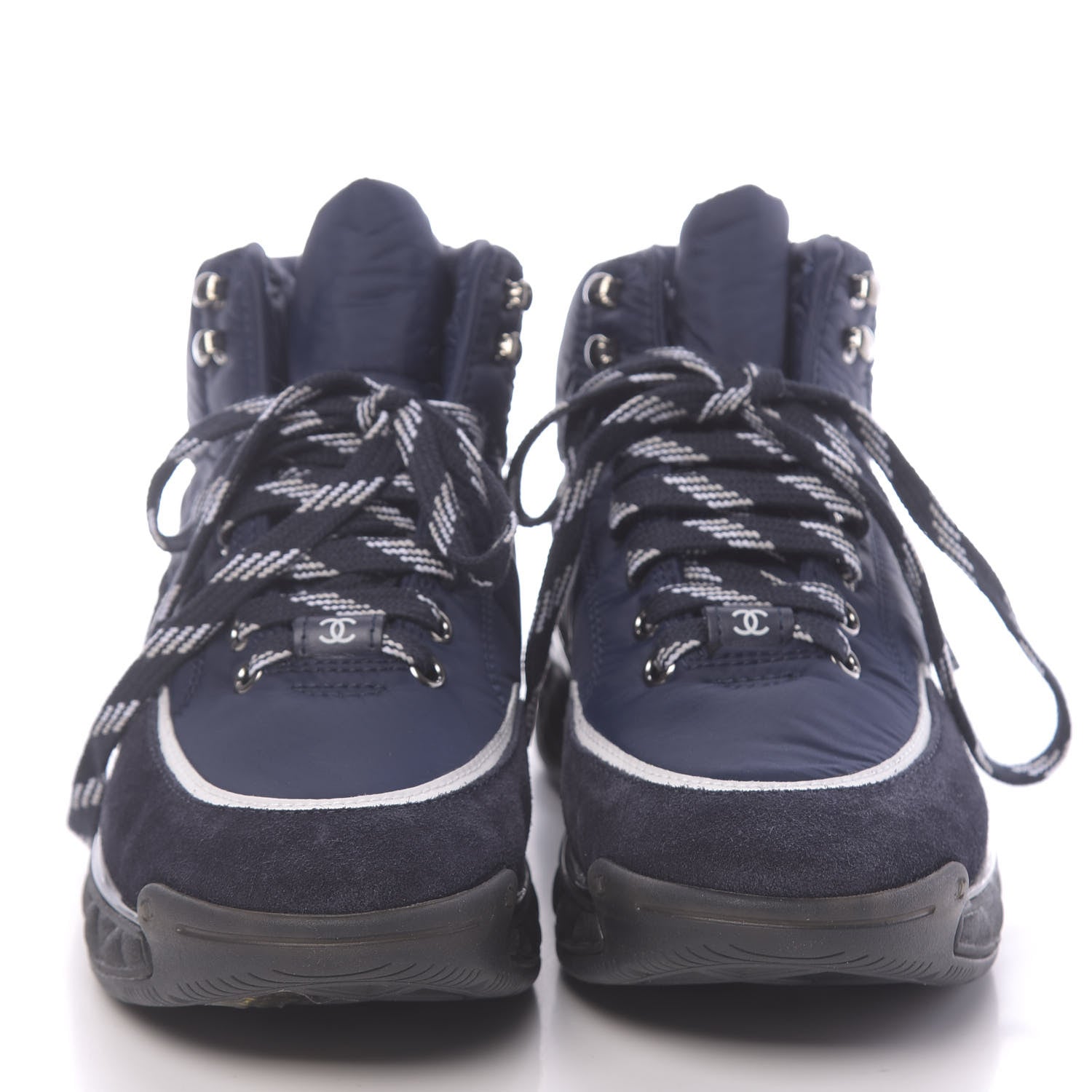 Chanel Fabric Calfskin Suede Womens CC Sneakers 37 Navy 2 of 9