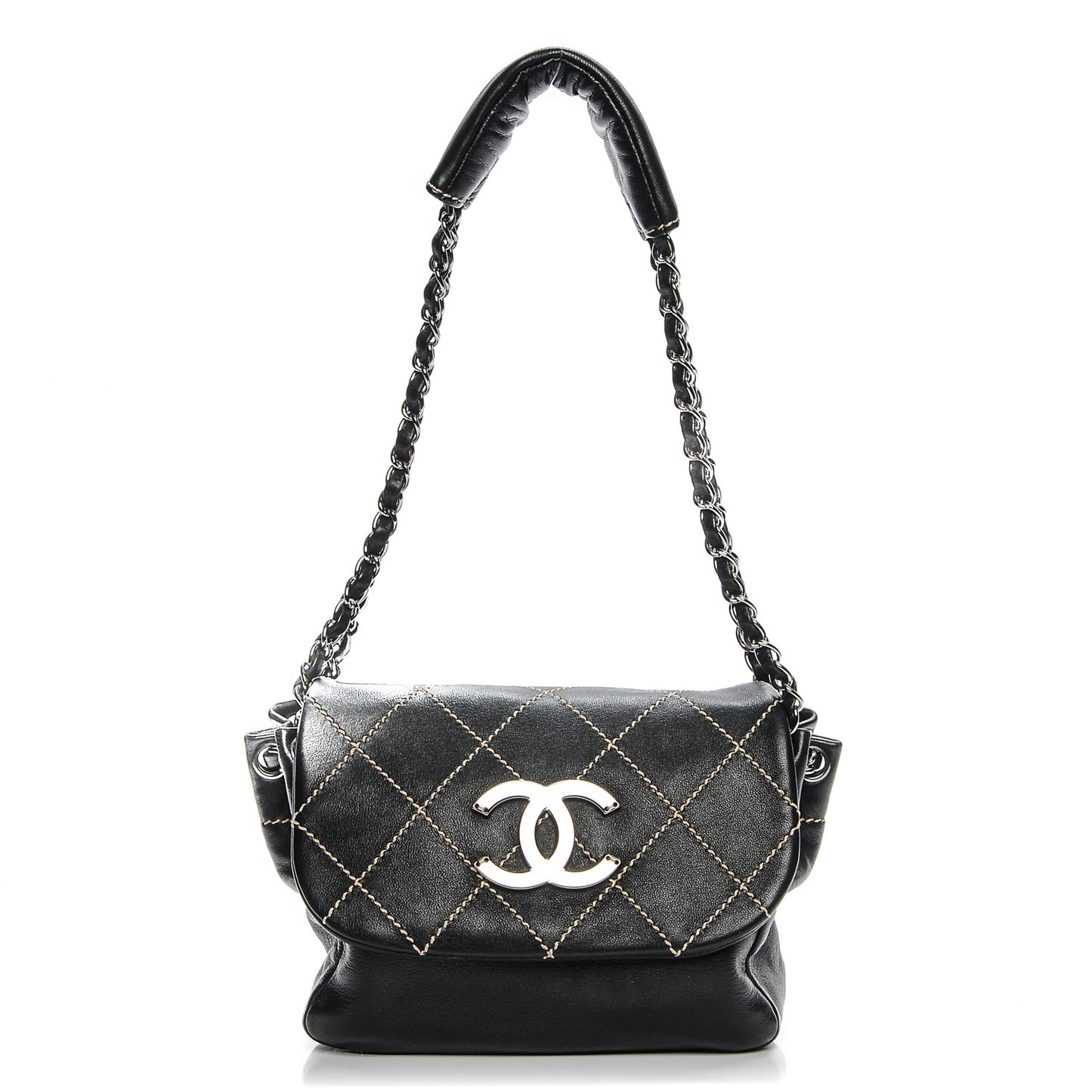 Lambskin Small Contrast Stitch Surpique Accordion Flap Black