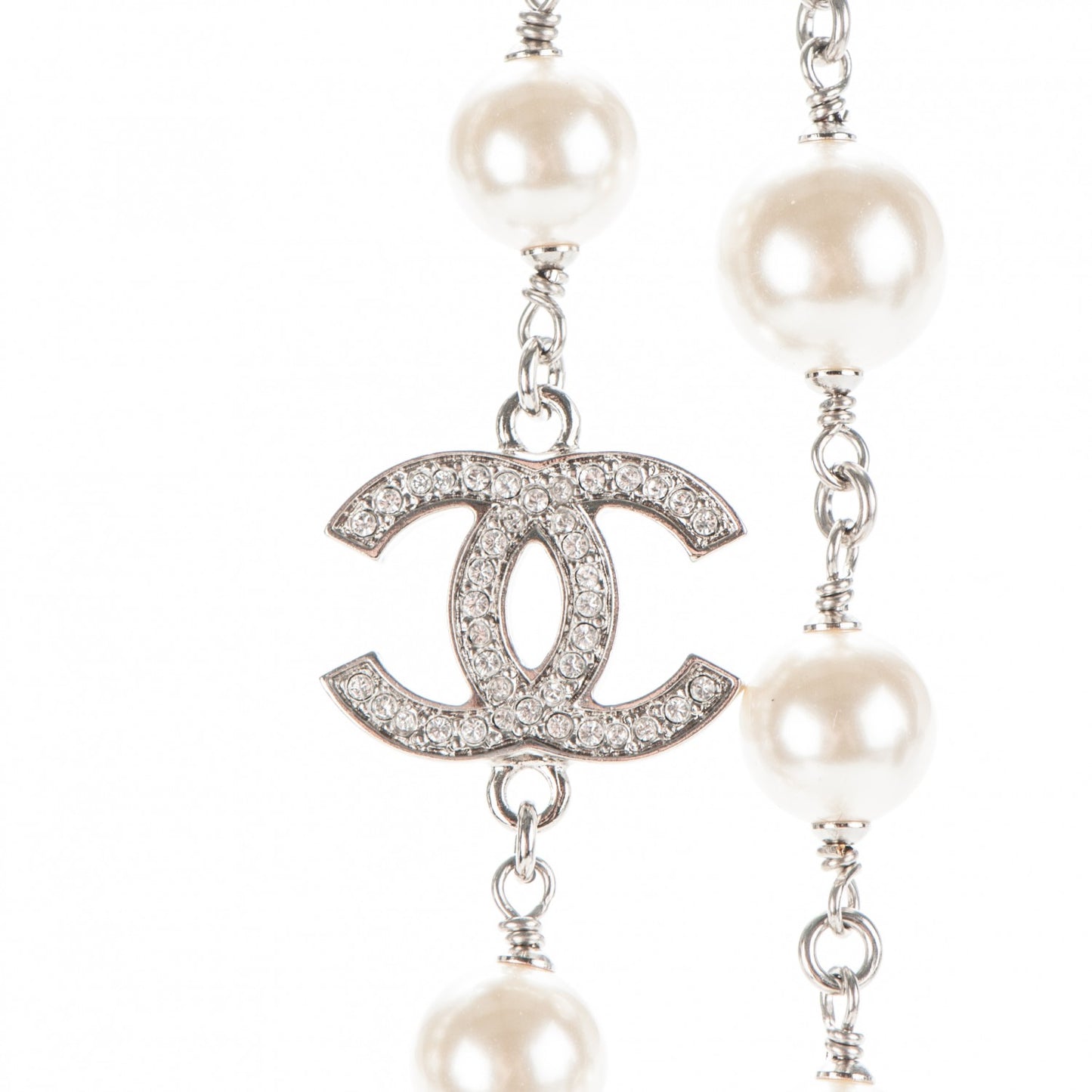 Crystal Pearl CC Long Necklace Silver