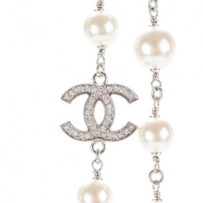Chanel Crystal Pearl CC Long Necklace Silver 3 of 5