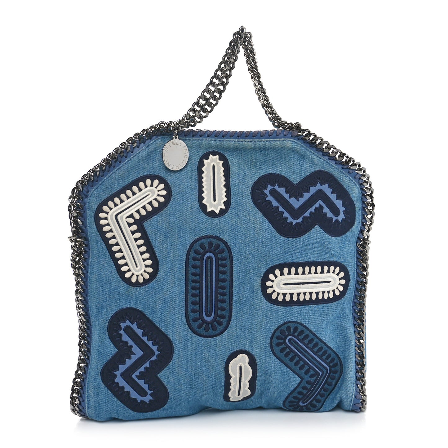 Eco Denim Embroidered Zigarette Falabella Fold Over Tote Blue
